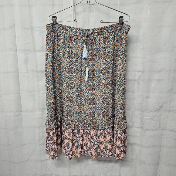 Loft Blue Orange Boho Peasant Skirt Tiered Hippie Festival L - Picture 12 of 12